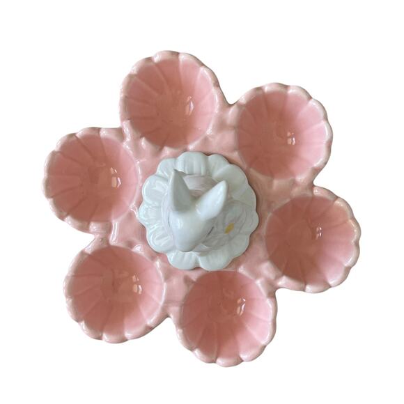 10 STRAWBERRY ST Easter Bunny Ceramic 6 Egg Holder Pink & White Spring NEW - Picture 8 of 10